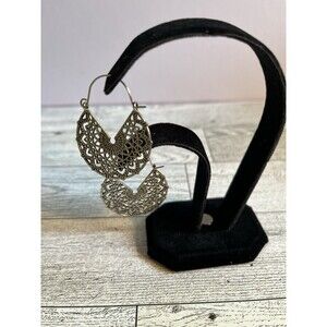 Boho Mandala Hoop Earrings Silver Tone Tribal Gypsy Earrings Round